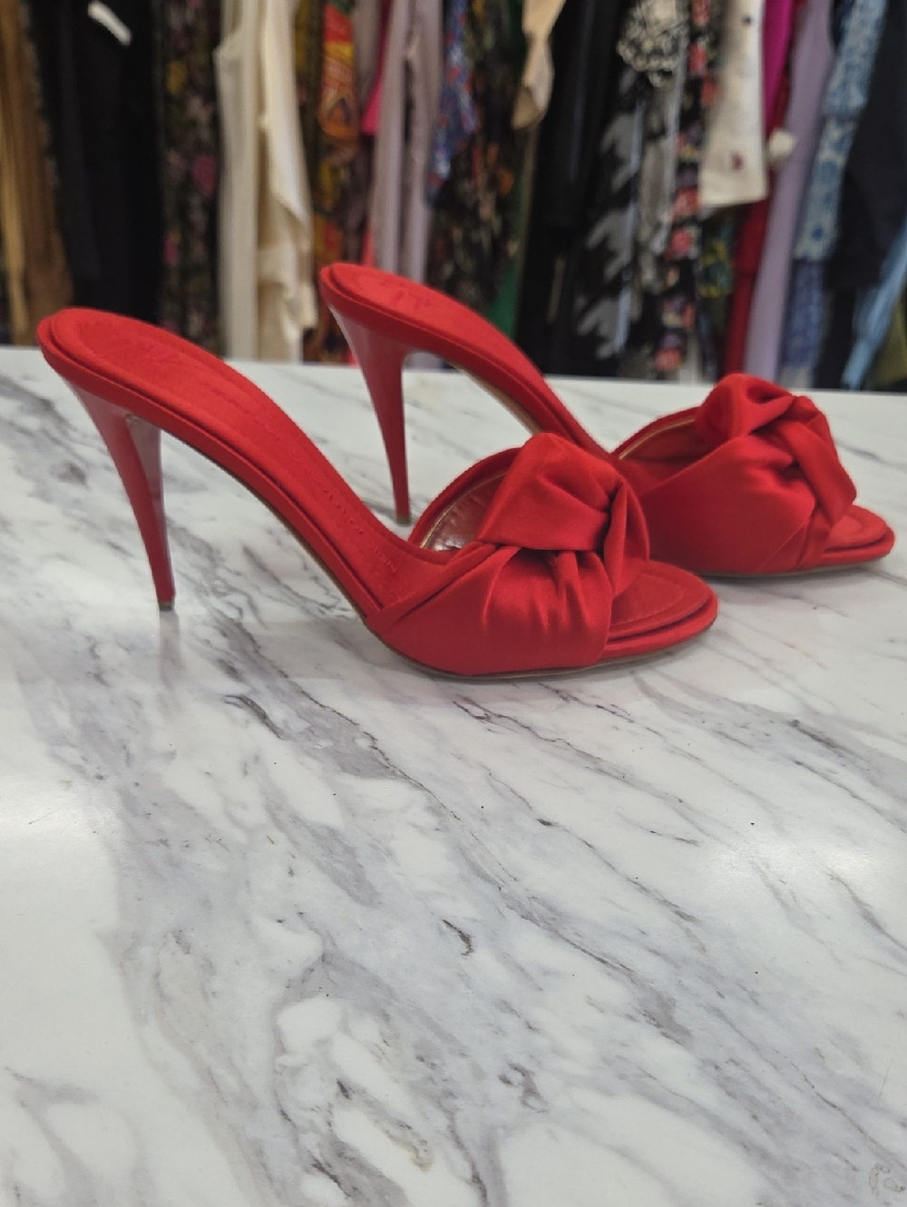 Giuseppe Zanotti Red Satin Knot Stiletto Mules